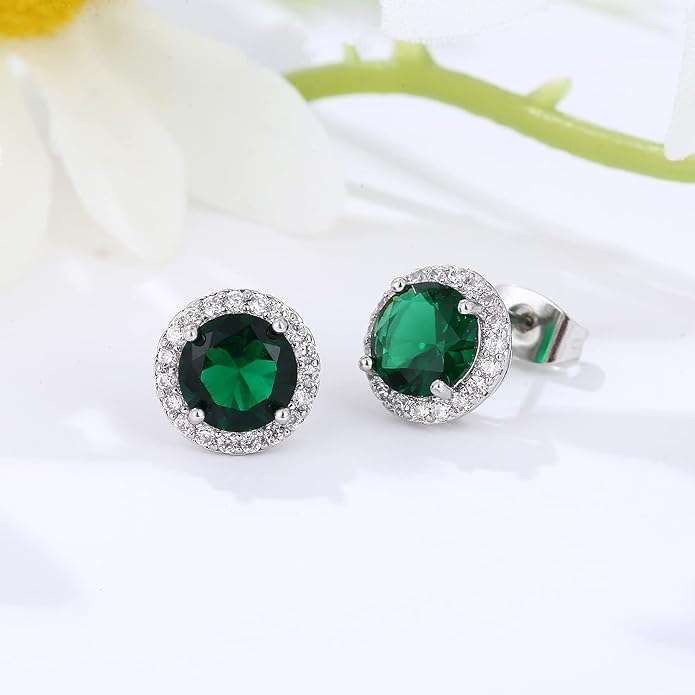 YOMELA Cubic Zirconia Earrings Studs, Halo CZ Birthstone Simulated Diamond Stud Earrings for Women