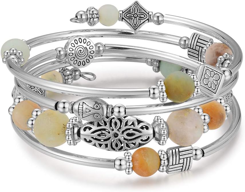 BULINLIN Layered Wrap Bangle Turquoise Bracelet - Bead Bracelet with Natural Agate Stone, Gifts For Women
