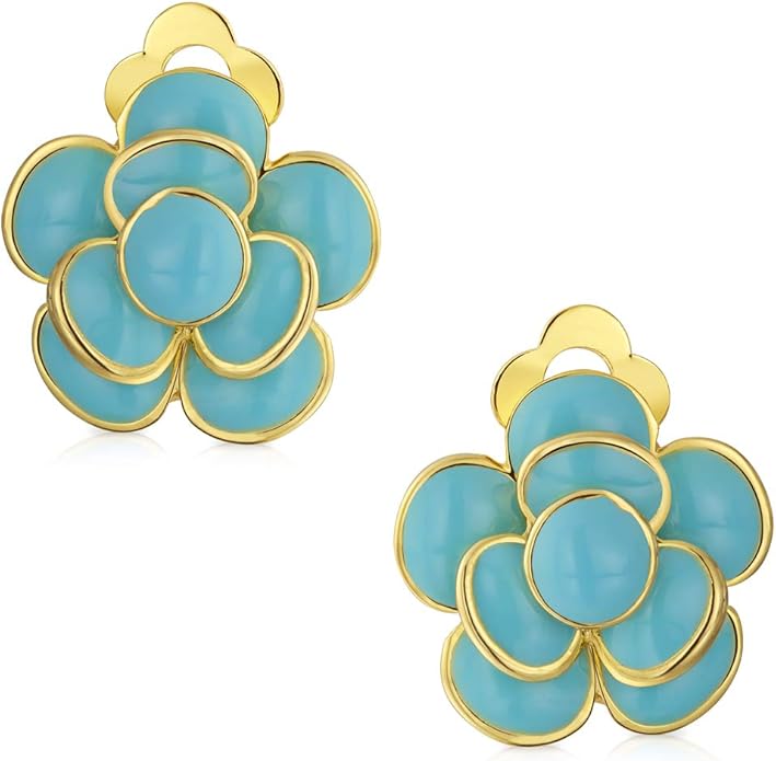 Pink Red Enamel Flower Crystal Edge Spring Retro Floral Rose Clip On Earrings For Women Non Pierced Ears 14K Gold Plated