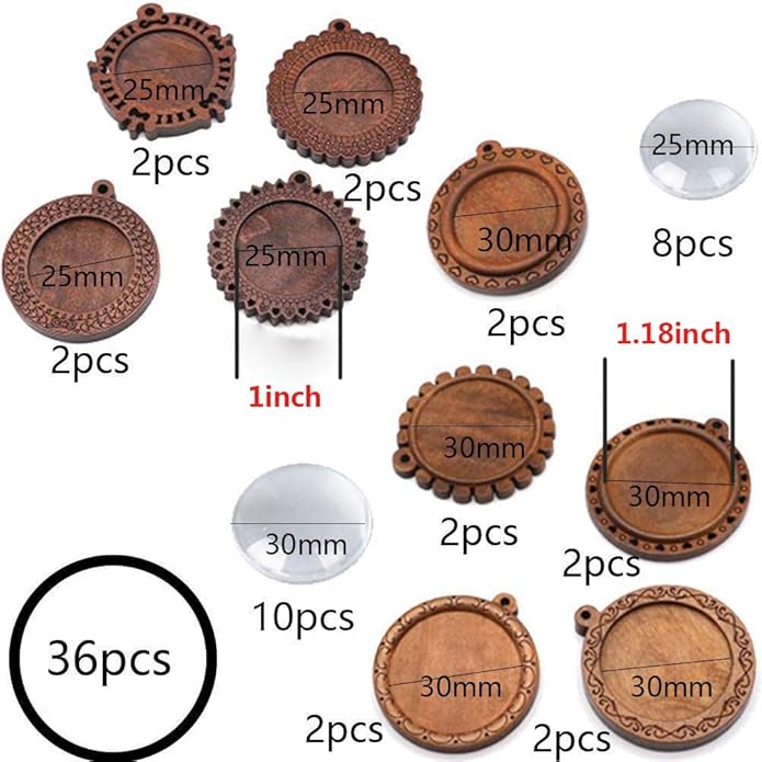 ToBeIT Bezel Pendant Trays Round Wooden and Glass Cabochon Round Clear Dome for DIY Crafting Photo Jewelry Making