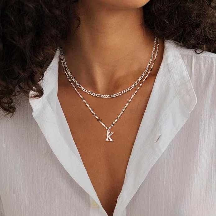 Initial Necklaces for Women Dainty Gold Silver Layered Letter Pendant Necklace Cute Figaro Chain Choker Necklace Personalized Trendy Stuff Jewelry Stack Gift for Women Her
