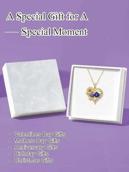 Sunflower Heart Necklace for Women 14K Gold Exquisite Valentines Day Anniversary Birthday Gifts for Wife Mother Her Double Birthstone Pendant Jewelry‘You Are My Sunshine’