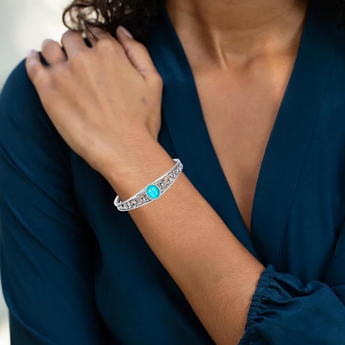 Genuine Turquoise Cuff Bracelet for Women, Sterling Silver Western Vintage Floral Bangle Native American Jewelry, For 6.5-7.5 Inch Wrists
