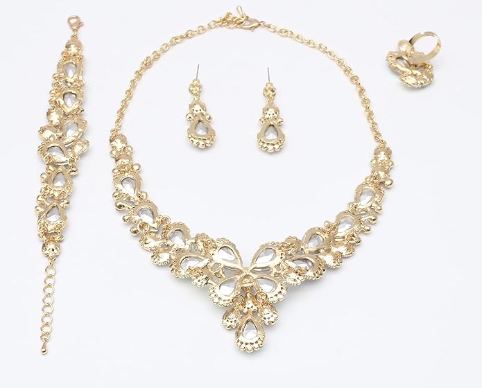 Women's Wedding Bridal Austrian Crystal Glass Teardrop Statement Necklace Dangle Earrings Bracelet Ring Wedding Party Jewelry Set for Bridal Bridesmaid