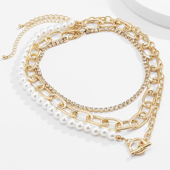 Women Multilayer Silver Gold Dainty Pearls Layered Choker Necklaces Handmade Beads Fashion Chunky Pendant Multilayer Adjustable Layering Chain Gold Plated Necklaces Set for Women