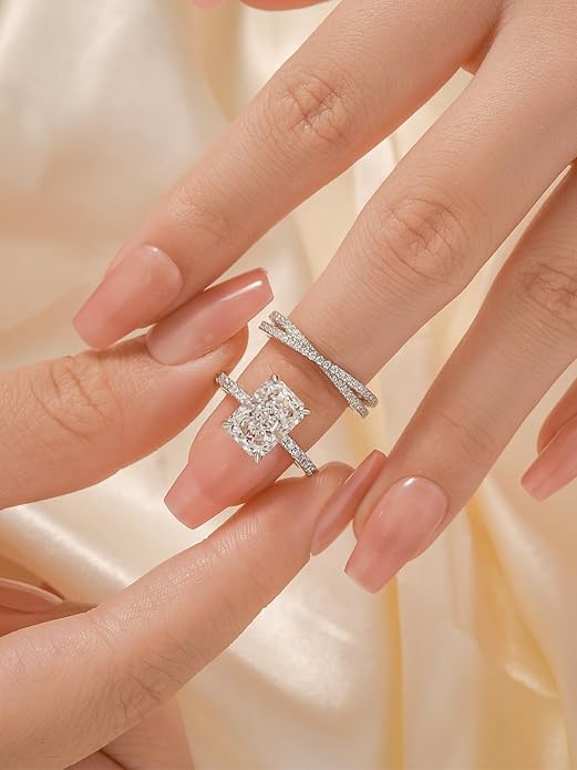 3.5CT Radiant Cut Engagement Ring Set for Women, S925 Silver X-Shaped Band 2-Piece Cubic Zirconia Bridal Wedding Ring Set