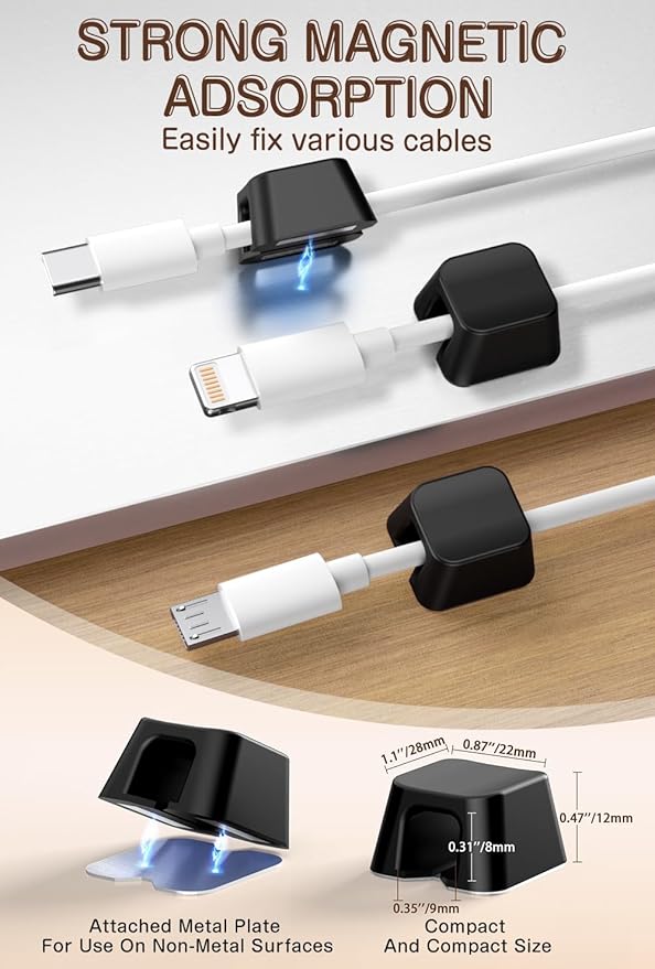Maveek Magnetic Cord Clips, Cable Holder Magnet Silicone Cord Organizer Keyboard Keys Square Cable Management for Charging USB C Ethernet HDMI Home Office Car TV Cables (5 Pack, Black)