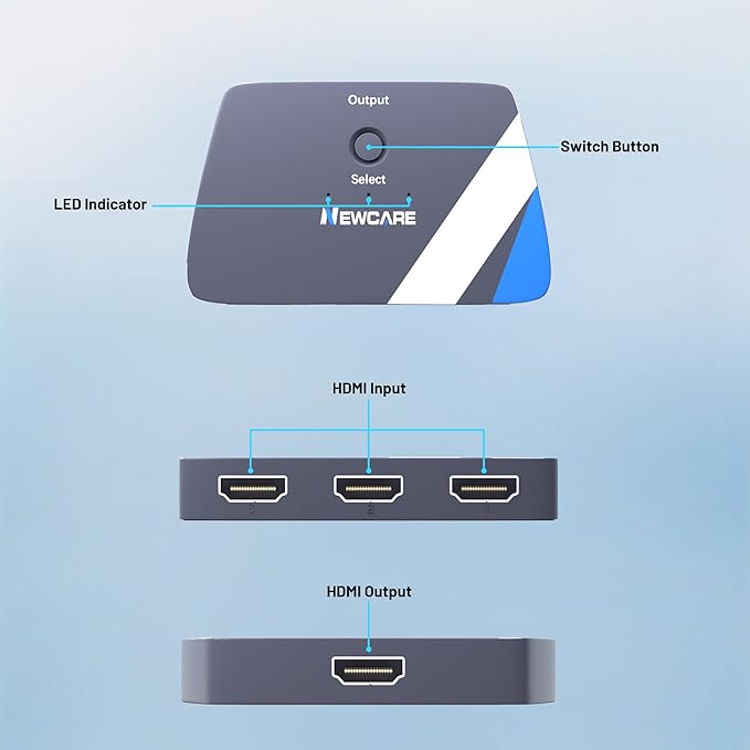 NEWCARE HDMI Switch 3 in 1 Out, 4K@60Hz HDMI 2.0 Switch with 2.6FT HDMI Cable, 3-Port HDMI Switcher Selector, Supports 4K 30Hz 3D 1080P HDCP2.2 for PS5 Xbox DVD Player Fire Stick PC, Grey