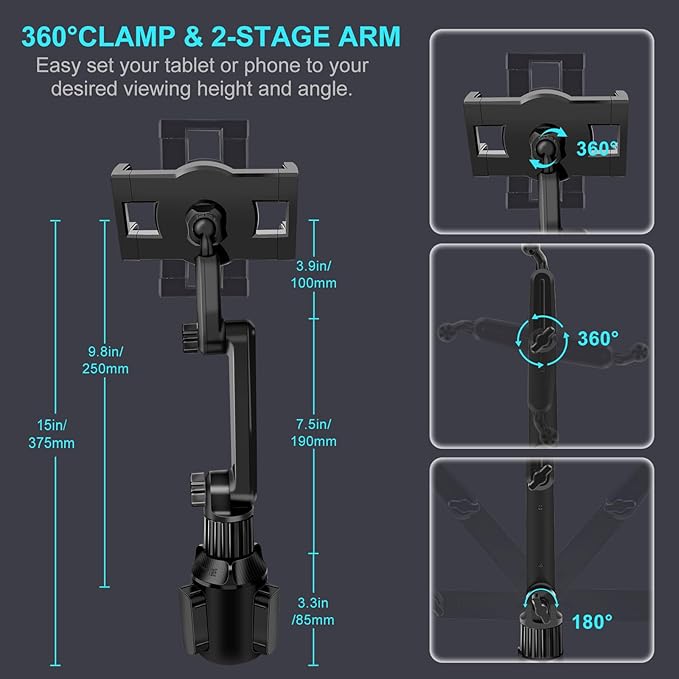 Cup Holder Car Tablet Mount for Truck, 360° Adjustable 15" Long 2-Arm Stand Holder for iPad Pro 12.9/11/10.5/9.7/Air/Mini 6/5/4, Samsung Galaxy Tab/Z Fold 6/5/4, iPhone 16/15/Pro, 4.7-12.9" Tab &Phone