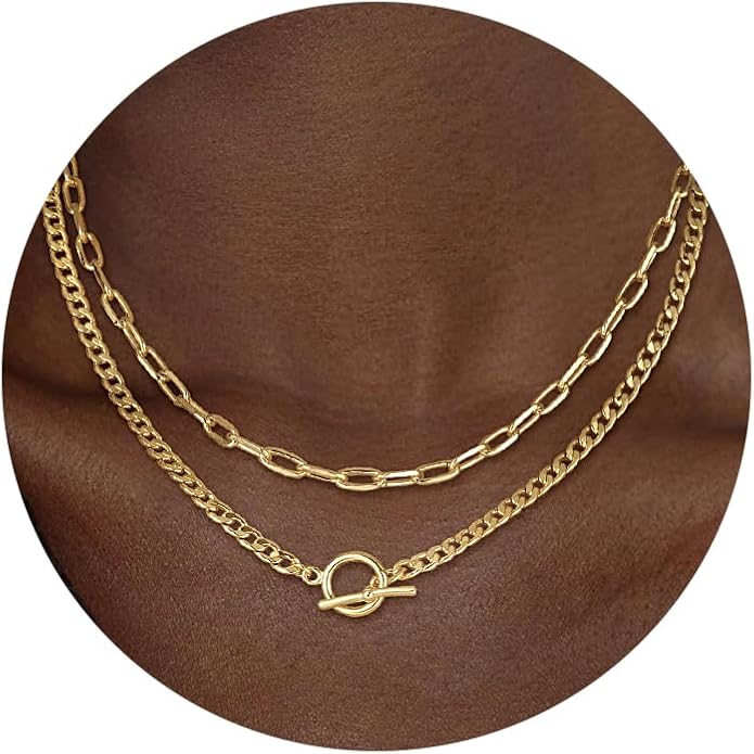 CHESKY Layered Necklaces for Women, 14K Gold Plated Chain Necklace Women Trendy Cuban Link Paperclip Chain Toggle Clasp Necklace Fashion Chunky Jewelry for Women