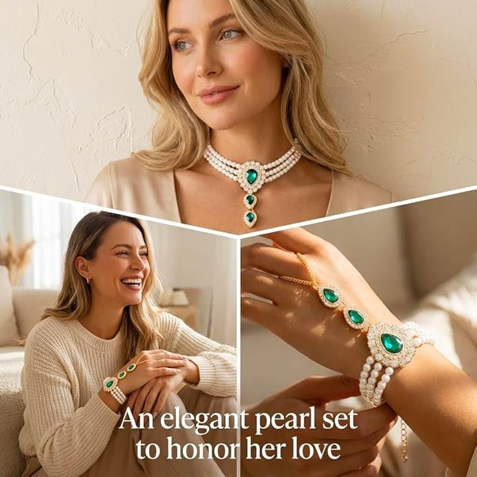 Brishow Pearl Choker Necklaces Set Green Crystal Bridal Jewelry Sets for Wedding Layered Pearl Costume Jewelry Bracelets Set for Women