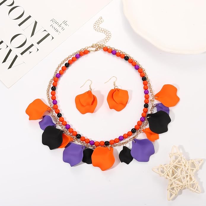 Flower Petal Necklace Earrings Set Layered Statement Beaded Jewelry Set for Women Summer Necklace Earrings