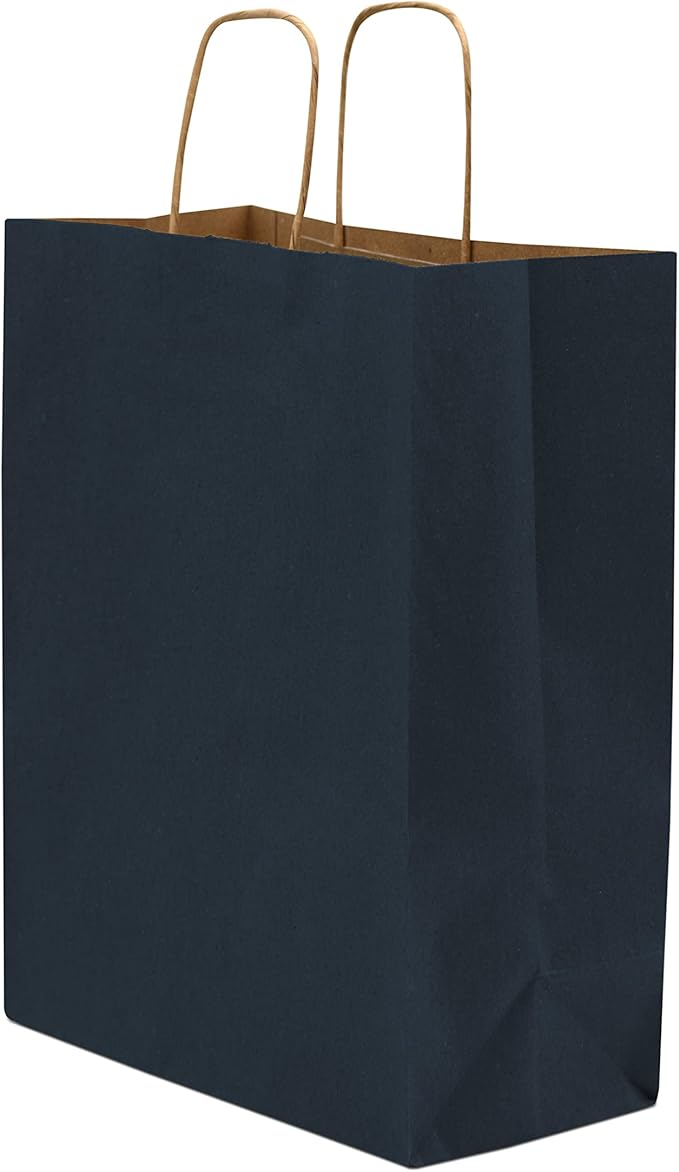 Prime Line Packaging Paper Gift Bags, Navy Blue Gift Bags with Handles, Medium Shopping Bags for Small Business, Retail, Boutiques, Graduation, Bulk, 10x5x13, 50 Pack
