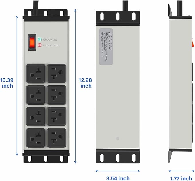 CCCEI Grey Heavy Duty Power Strip Surge Protector 20 AMP, 8 Outlets 12 Gauge Industrial Shop Garage Metal Multiple Outlets, 4 FT Extension Cord 5-15P Adapter High Amp 6-20R T-Slot 20a for Appliance
