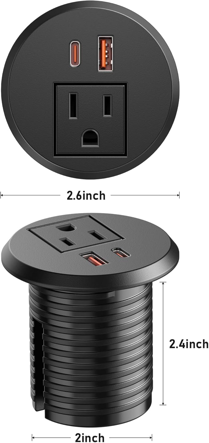 Desktop Power Grommet 2 inch Hole,PD 30W USB C Fast Charging Station,Ultra Thin Flat Plug Power Strip,Recessed Outlet,Slim Outlet Extender for Office,Table Outlets for Home,Office,6ft Cable