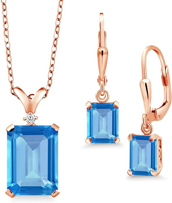 Gem Stone King 9-13 Cttw Pendant and Earrings Jewelry Set For Women | Emerald Cut 14X10MM and 8X6MM | Round 1.5MM | Gemstone Birthstone and Diamond | 925 Sterling Silver | 18 Inch Silver Chain