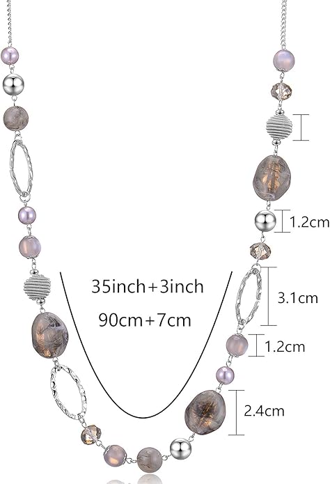 BULINLIN Beaded Long Necklace for Women Silver Sweater Chain Necklace with Crystal Resin Beads, Fashion Jewelry Necklace