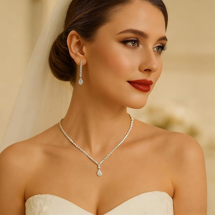 STONEFANS Costume Jewelry for Women - Silver Rhinestone Necklace And Earring Sets for Women Bridesmaid Wedding Jewelry Sets for Brides Wedding Accessories Necklace And Earring Set