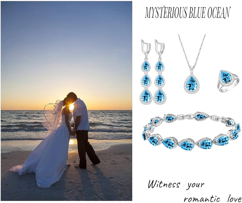 LMXXVJ Necklace Long Earrings Bracelet Set, White Gold Plated Created Blue Sapphire Jewelry Set Wedding Party Gift Jewelry for Women Bridal Bridesmaid