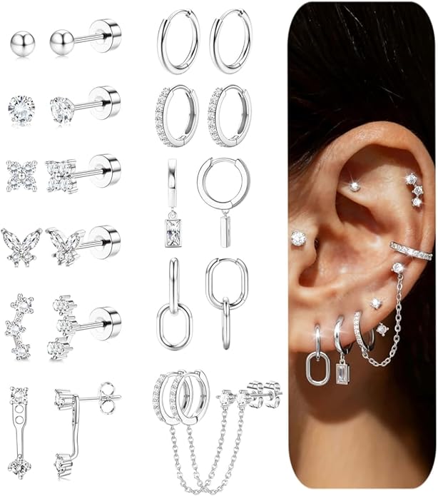 HAIAISO Small 14K Gold Plated Huggie Hoop Earrings for Women Lightweight Double Piercing Chain Earrings Dainty Stud Earrings Hypoallergenic 14K Gold Plated Hoop Earrings Set