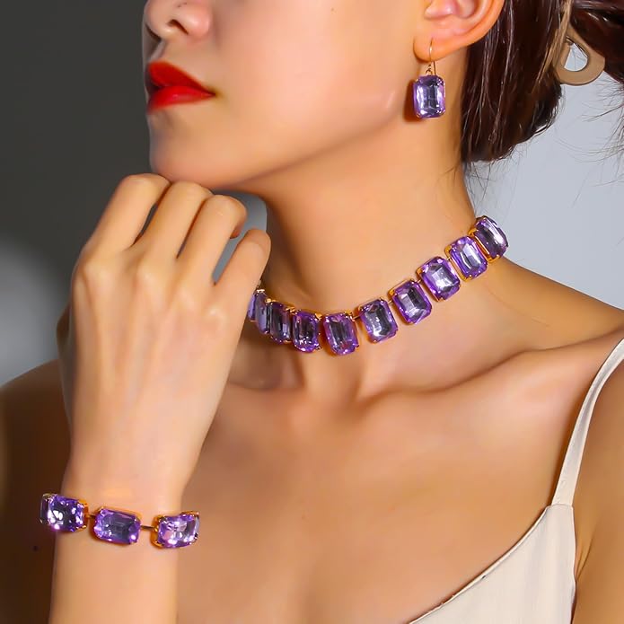 KOSMOS-LI Rectangle Faux Crystal Jewelry Sets Includ Necklace Bracelet Earrings For Women Stocking Stuffers