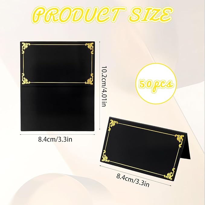 50-Pack Black Place Cards for Table Setting - Name Cards with Gold Foil Border for Weddings - 2'' x 3.5'' Folded Tents Table Sign for Buffet Banquet Party Wedding Events Celebrations