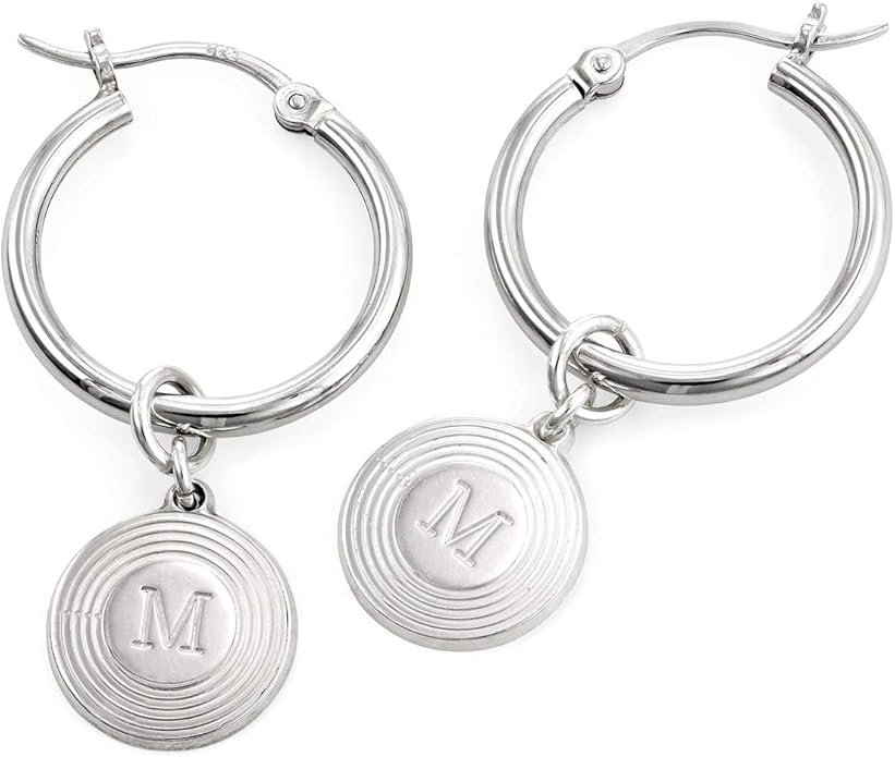 MyNameNecklace Personalized Odeion Initial Round Disc Shape Charm Hoop Earrings in Sterling Silver 925/ Gold Plating- Classic Delicate Jewelry Gift