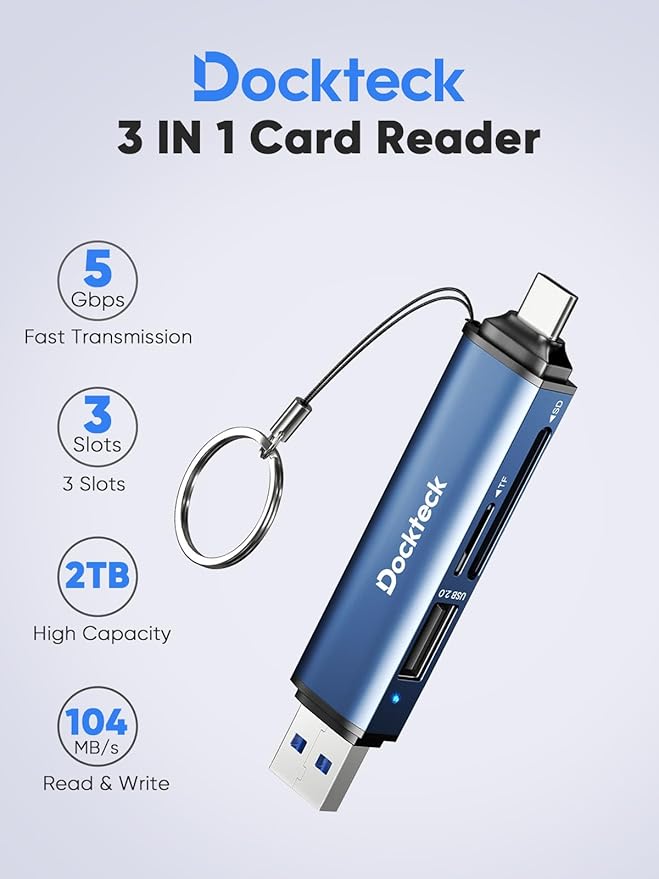 Dockteck SD Card Reader Adapter, 5G Super Speed USB3.0 SD/TF Card Reader, 3-Slot USB A/C to SD/Micro SD/USB A Memory Card Reader for UHS-I SD/Micro SD/SDHC/SDXC/MMC, with OTG for Plug&Play