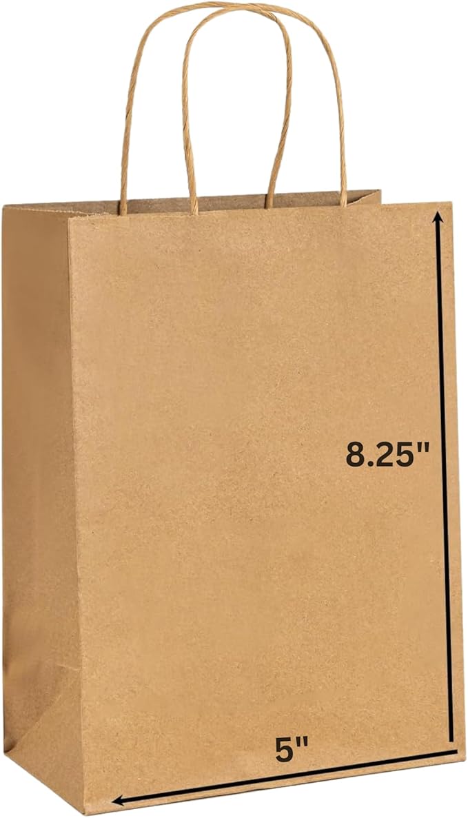 JET PAPER BAGS 300 Pack 5x3x8.25 Inch Small Paper Gift Bags with Handles Bulk, Brown Kraft Paper Bags for Grocery Shopping Retail Bags, Birthday Party Favors Wedding Bags
