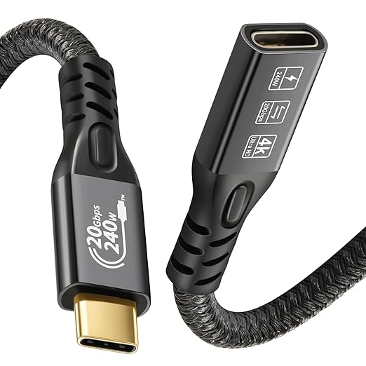 20Gbps USB C 3.2 Extension Cable, USBC 3.2 Gen2 Type-c Male to Female Extender Cable Ultra HD 4K@60Hz 240W Charging 20Gbps Data Transfer Compatible with External SSD eGPU