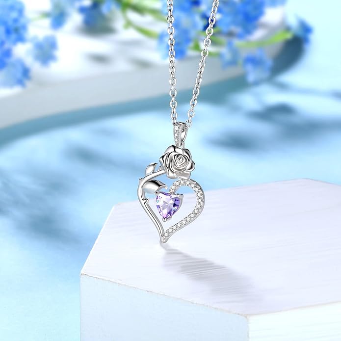 Jewmon Valentine Day Gifts for Her Rose Heart Birthstone Necklace for Women 925 Sterling Silver Birth Stone Flower Rose Necklace Anniversary Love GIfts for Girlfriend Wife Mom Birthday Gifts for Her