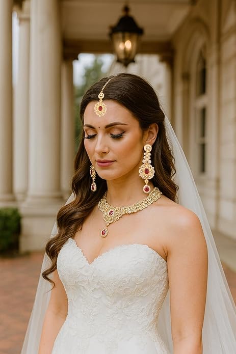 Touchstone Indian jewelry sets for women gold wedding tikka necklace set guest costume fancy bridal jewellery rhinestone crystal elegant formal prom evening wear dainty accessories