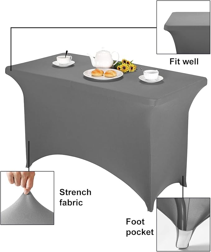 FORLIFE 2Pack Spandex Table Covers，Fitted Tablecloth for Rectangular Tables, Stretch Patio Table Covers, Universal Spandex Table Cover for Wedding, Banquet, Party (4ft, Gray)