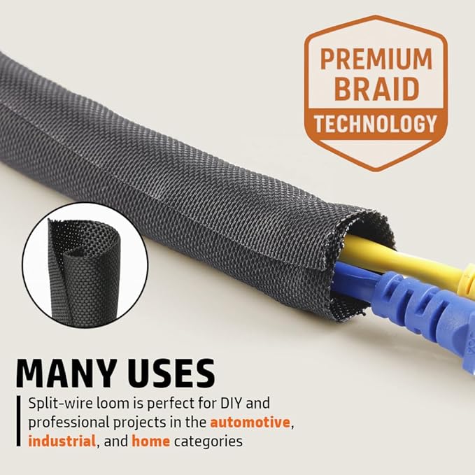 MGI SpeedWare Woven Mesh Split-Sleeve Wire Loom for High-Temperature Automotive Harness and Home Cable Management 25 feet (3/4")