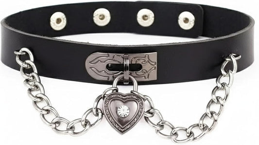 Goth Heart Chain Choker Necklace, Gothic Punk Grunge Emo Necklace, PU Leather Choker, Halloween Jewelry Gifts for Women