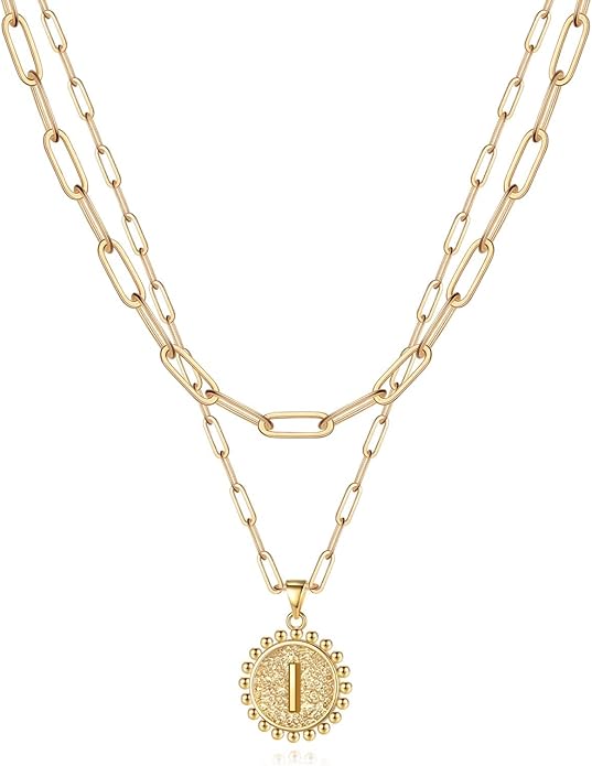 Yoosteel Valentines Gifts for Women Her - Gold Layered Initial Necklaces for Women 14K Gold Plated Dainty Layering Paperclip Link Chain Necklace Coin Initial Necklace Birthday Gifts for Teen Girls