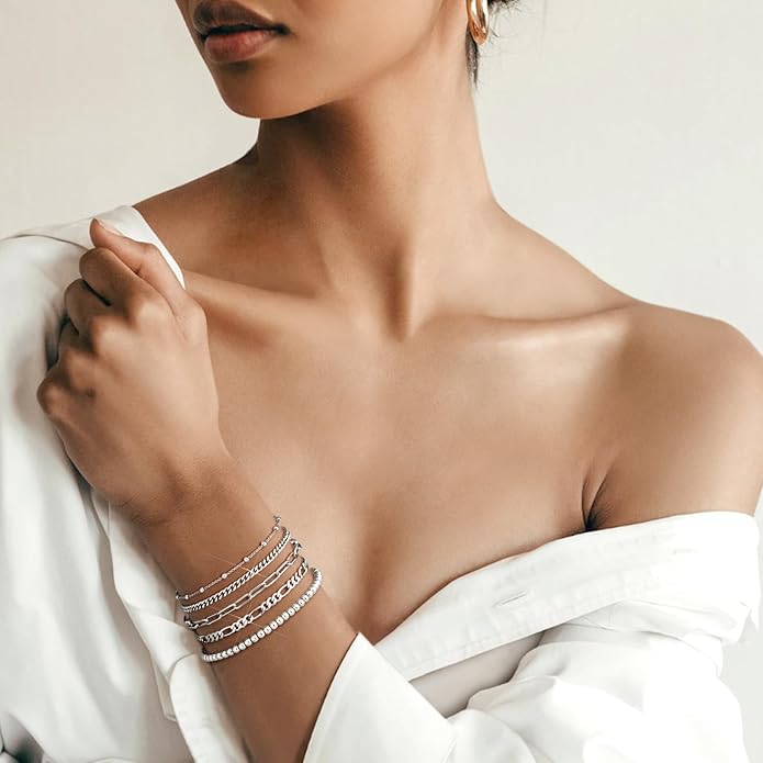 adoyi Valentines Day Gifts for Her Gold Bracelets for Women, 14K Gold Plated Stackable Bracelet Stack Set Adjustable Charm Paperclip Chain Cuban Link Layered Waterproof Jewelry Sets Gifts for Womens