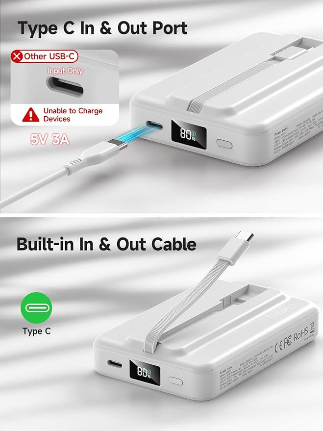 LVFAN for Magsafe Power Bank 10000mAh, Fast Charging Wireless Magnetic Portable Charger with Built-in USB C in&Out Cable, Travel LED Display Battery Pack for iPhone 17 16 15 14 13 12
