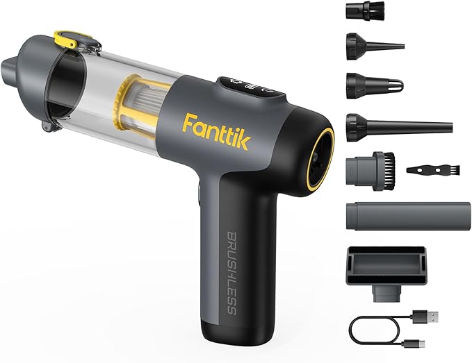 Fanttik Slim V9 Mix Car Vacuum, 4 in 1 Handheld Air Duster, 12000PA Suction Power with Smart LED Display, Cordless Portable Mini Keyboard Vacuum for Car Interior, Office Desk