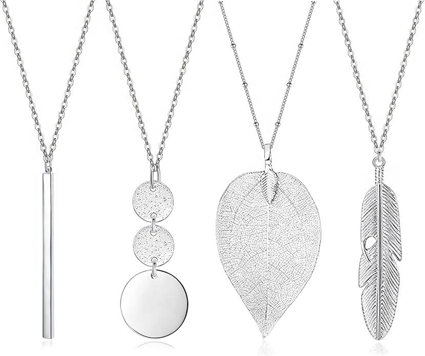 Long Necklaces for Women - Fashion Pendant Necklace Jewelry, Silver Bar Feather Circle Leaf Lock Tassel Y Necklace Jewelry Set for Girls