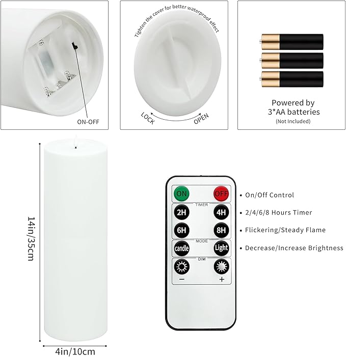 14" x 4" Large Outdoor Candle with Timer Waterproof Flickering LED Flameless Candle Battery Operated with Remote Fake Pillar Candle Realistic for Patio Porch Lantern, White 1 Pack