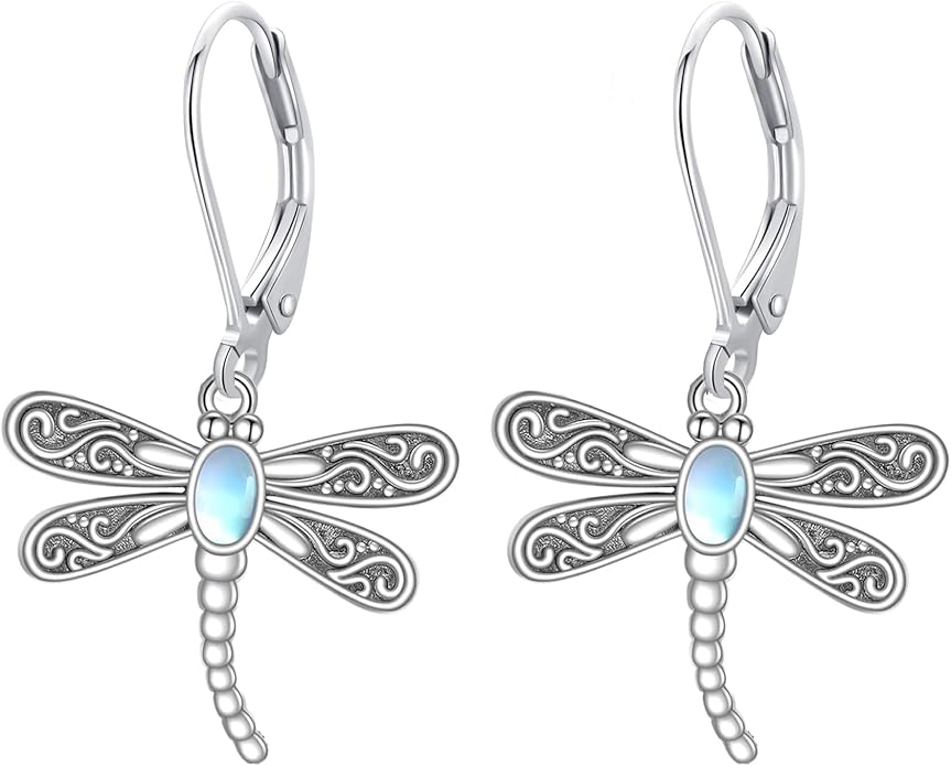 ONEFINITY Dragonfly Earrings 925 Sterling Silver Moonstone Leverback Dragonfly Dangle Drop Earrings Women Jewelry Gifts