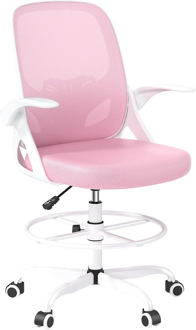 Tall Drafting Chair with Footrest Ring for Home and Work, Ergonomic Home Desk Office Chair with Flip up Arms and Lumbar Support, Extended Height Executive Desk Office Chair(Pink)
