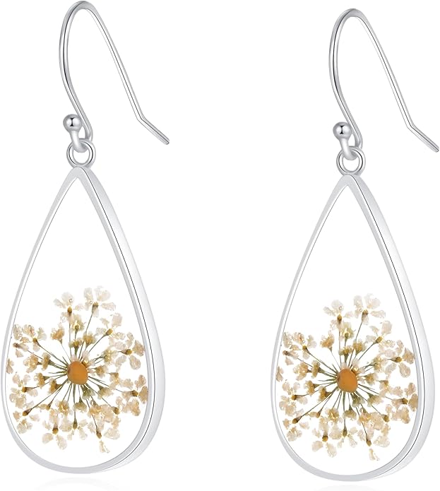 Forget-Me-Not and Queen Anne's Lace Pressed Wildflower Earrings | Pressed Flower Earrings | Handmade Drop and Dangle Earrings | Gift for Woman