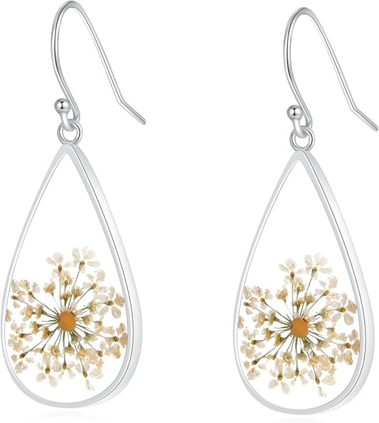 Forget-Me-Not and Queen Anne's Lace Pressed Wildflower Earrings | Pressed Flower Earrings | Handmade Drop and Dangle Earrings | Gift for Woman