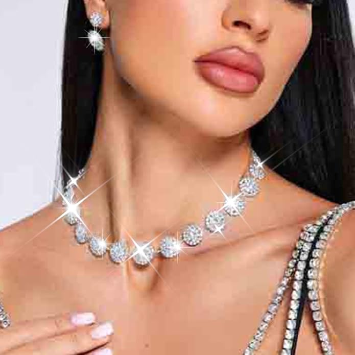 Unicra Bridal Wedding Jewelry Set Silver Rhinestone Necklace Earrings Sets Formal Costume Jewelry for Women and Brides