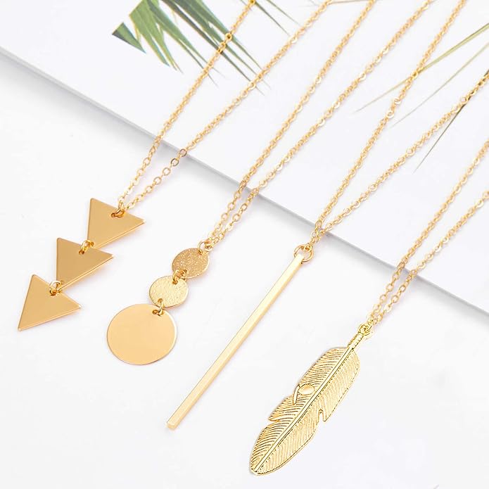 Long Necklaces for Women - Fashion Pendant Necklace Jewelry, Silver Bar Feather Circle Leaf Lock Tassel Y Necklace Jewelry Set for Girls