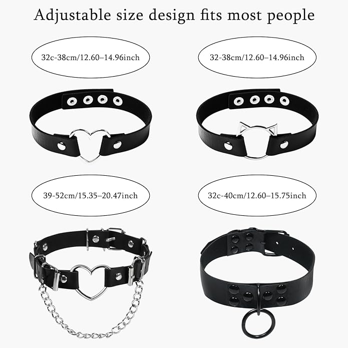 4Pcs Gothic Choker Collar for Women Black Leather Choker Heart Chokers Necklace Emo Chokers with Pu Leather, Adjustable Length, 80s Punk Goth Jewelry Necklace for Party Cosplay Decorations