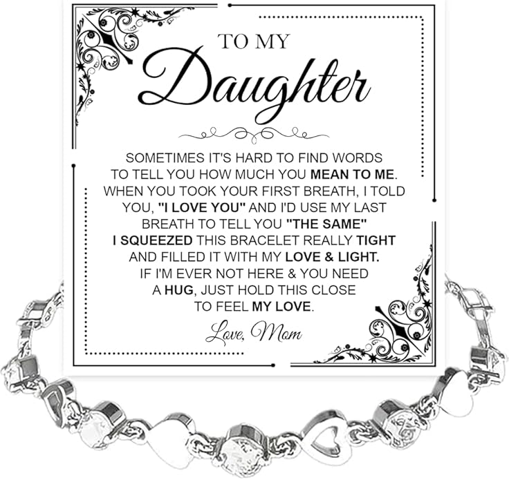 To My Daughter Bracelet, Silver Heart Chain Bracelet with Shiny Stones, Perfect Birthday or Graduation Christmas Gift for Daughter with Message Card Gift Box