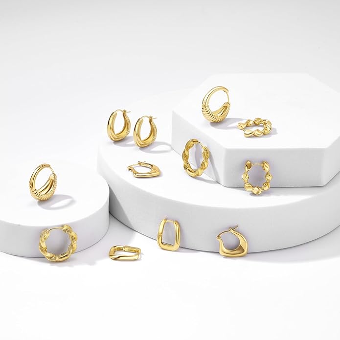 6 Pairs Gold Hoop Earrings Set for Women, 14K Gold Plated Huggie Chunky Earring Variety Pack, Hypoallergenic Thick Jewelry Gift